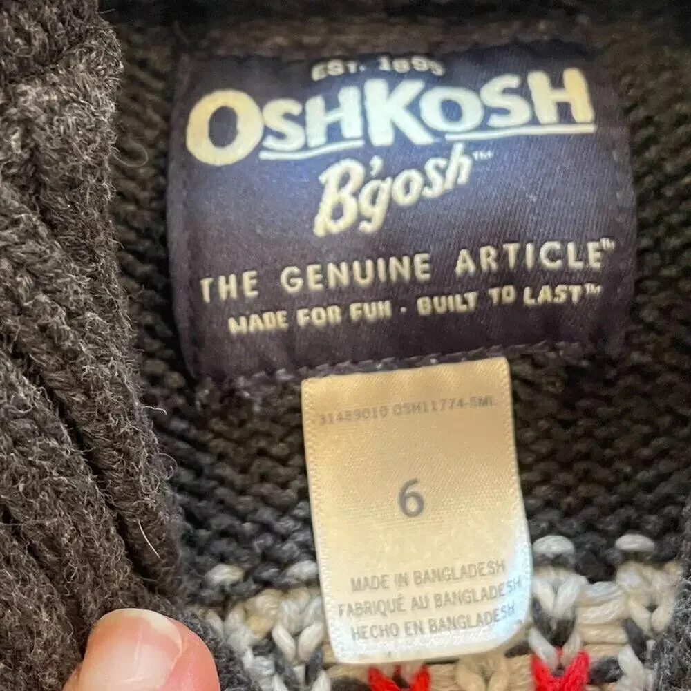 OshKosh B'gosh Classic Cotton Fair Isle Gray Button Down Shawl Collar Cardigan 6